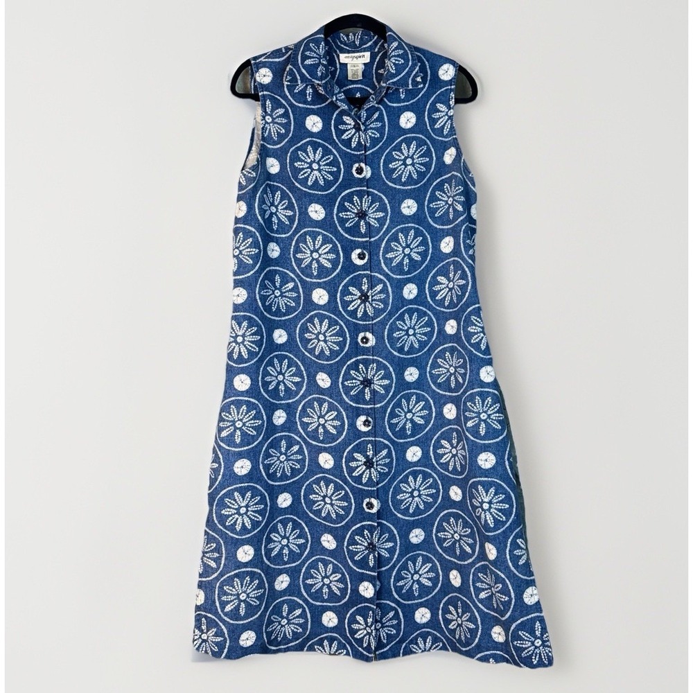 Vintage 100 Linen Button Midi Shirt Dress Back Tie Sleeveless Blue Batik Coastal